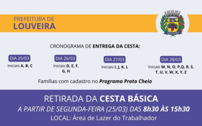 A partir de segunda-feira (25), famílias cadastradas no programa Prato Cheio de Louveira podem retirar cestas básicas do mês